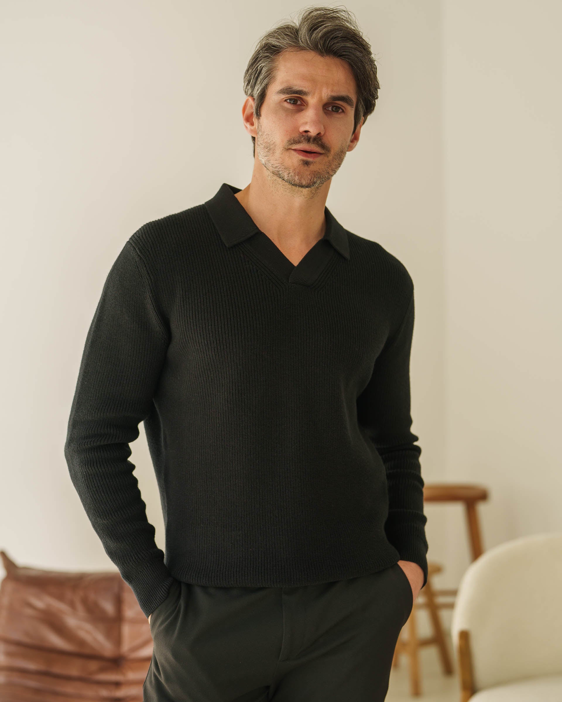 Rib Knit Polo (Black) - Image 2