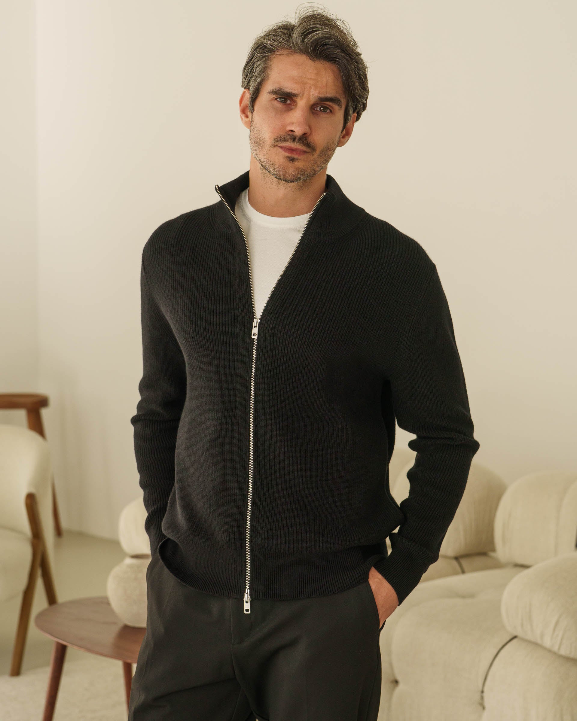 Rib Knit Cardigan (Black) - Image 2