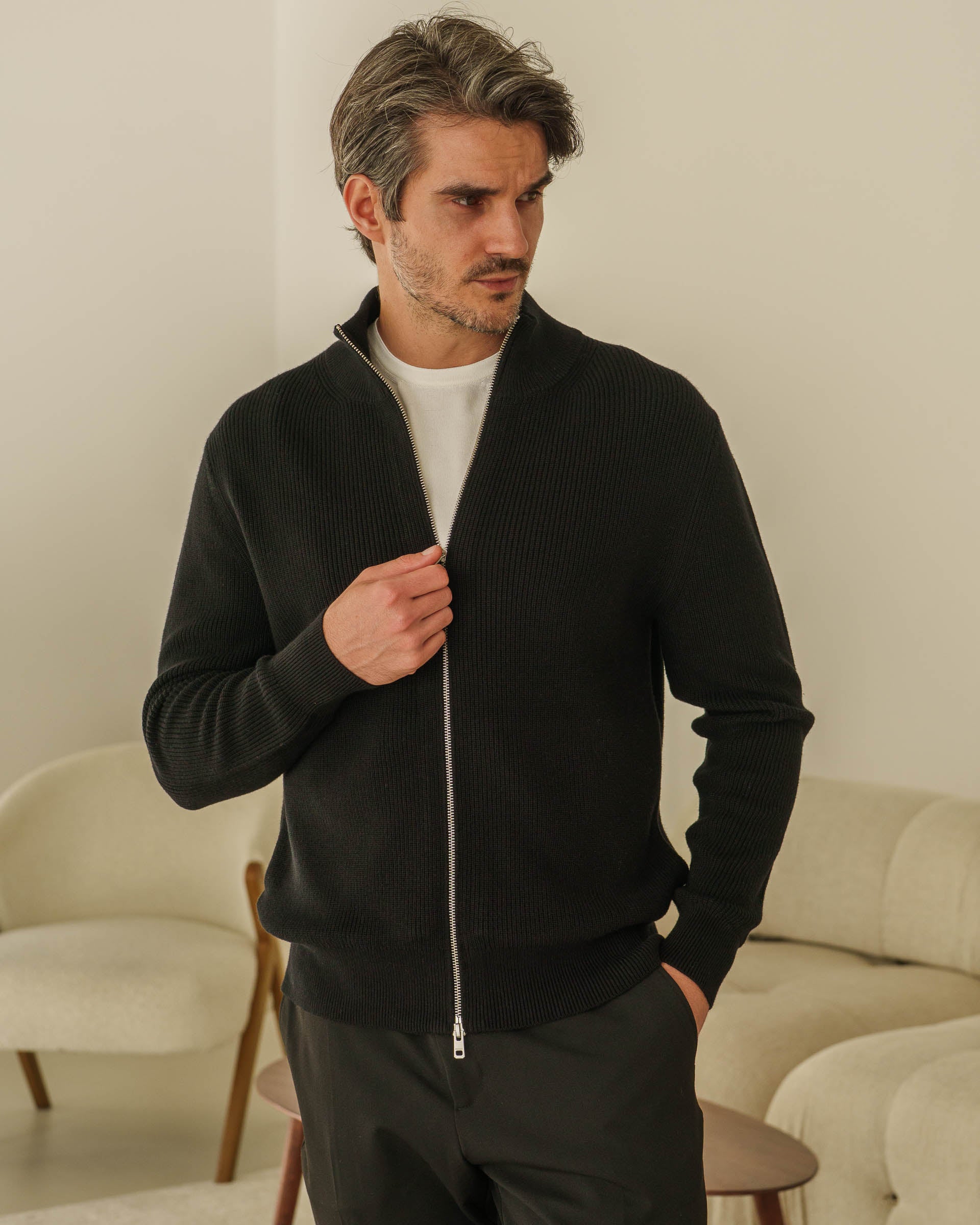 Rib Knit Cardigan (Black) - Image 3