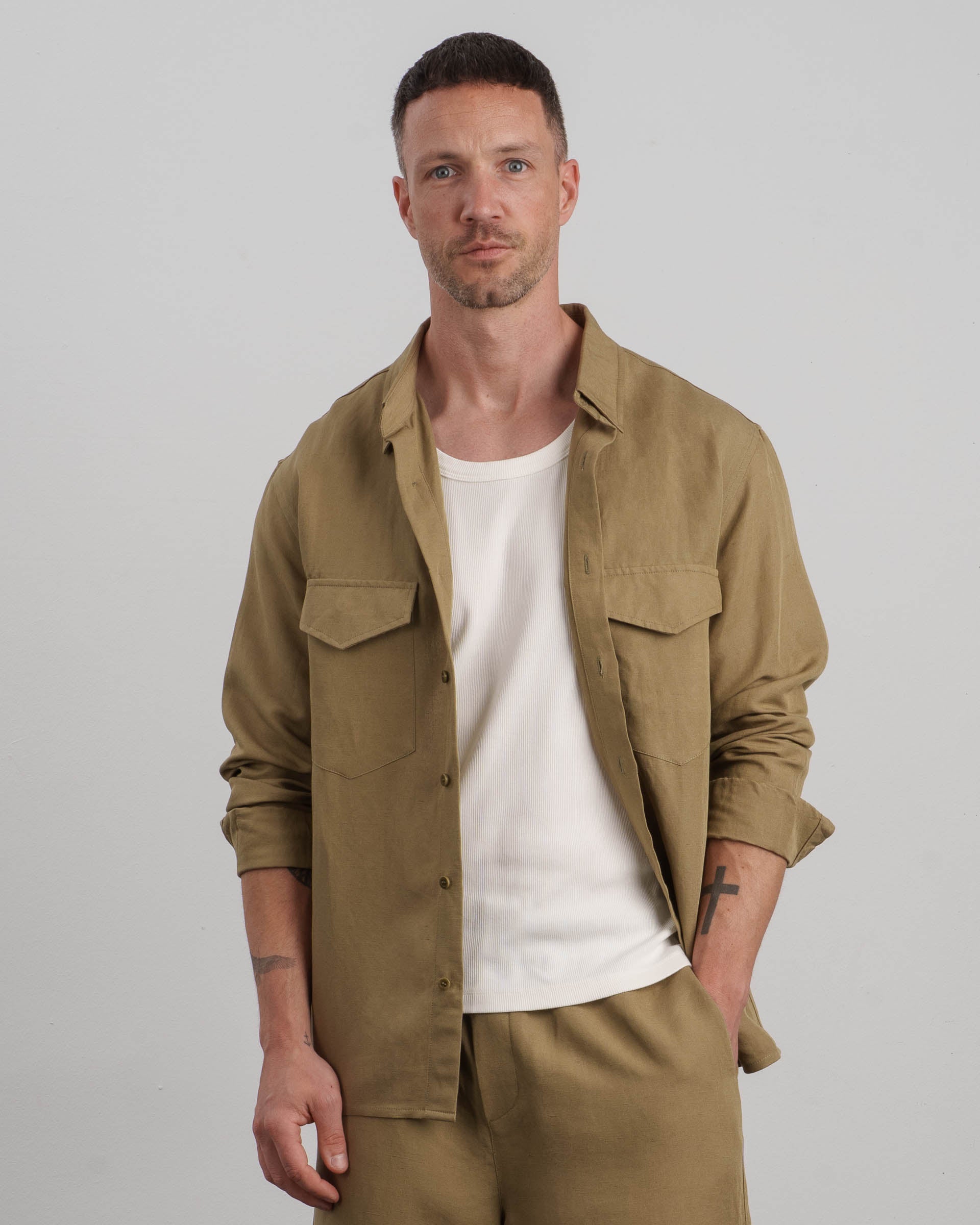 Linen Long Sleeve Shirt (khaki) - Image 2