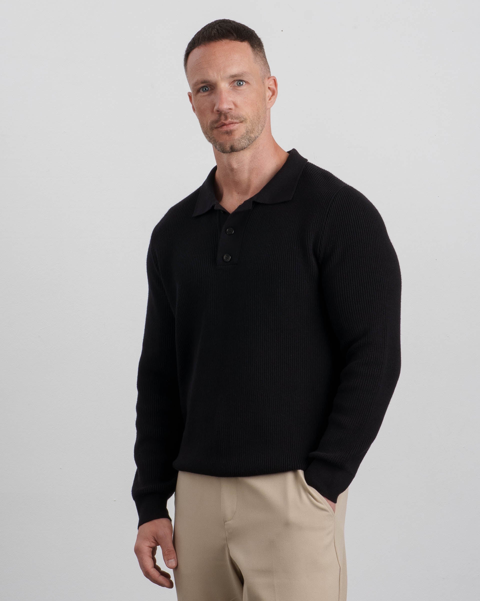 Ribbed Knit Polo (Black) - Image 2